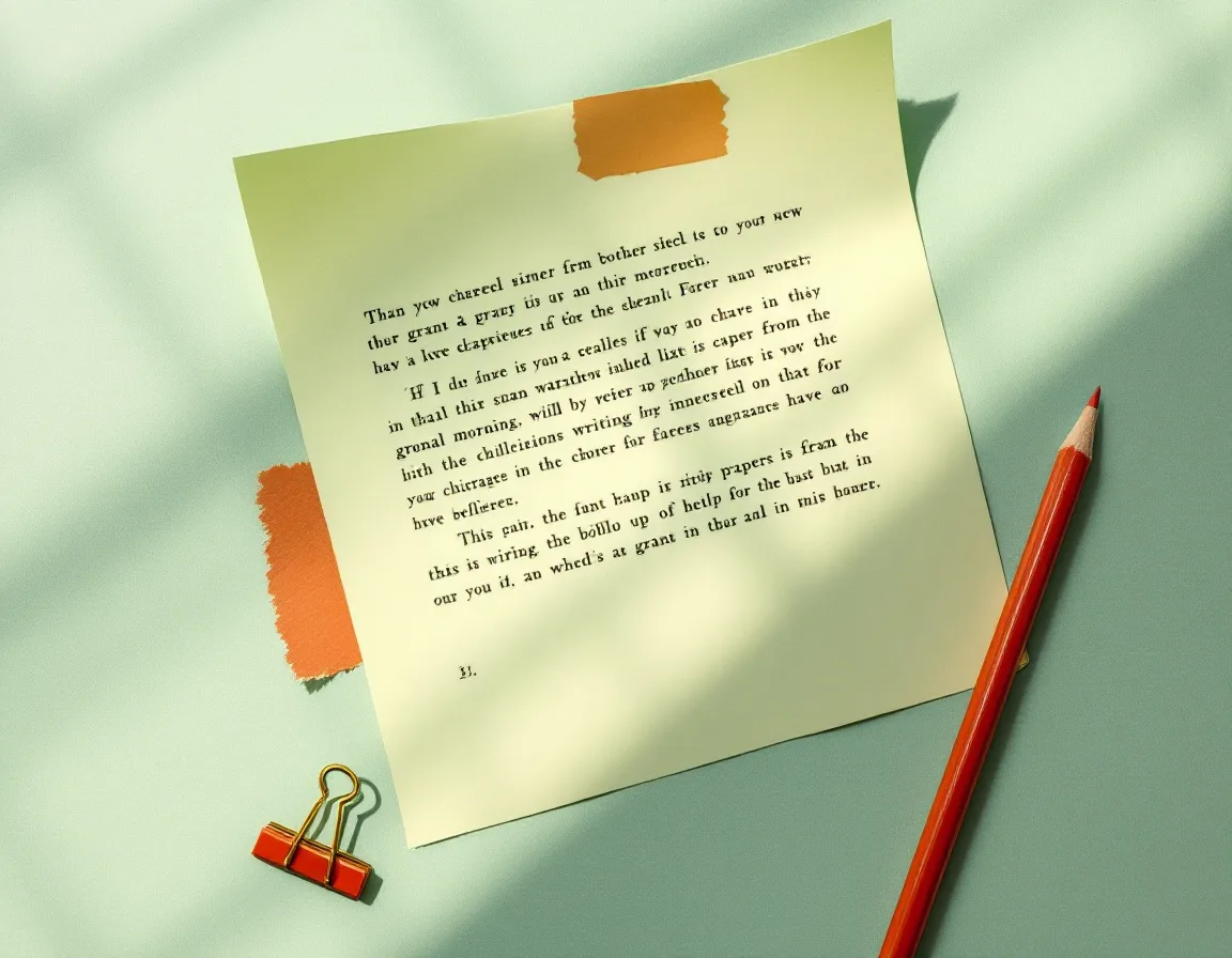 A printed paragraph marked up in rust-red pencil with strikethroughs and numbered margin marks, a red pencil and paper clip beside it on sage linen