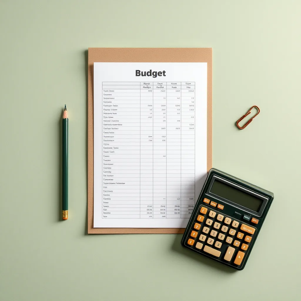 Printed budget pages, a green pencil and a vintage calculator arranged on a sage-green backdrop
