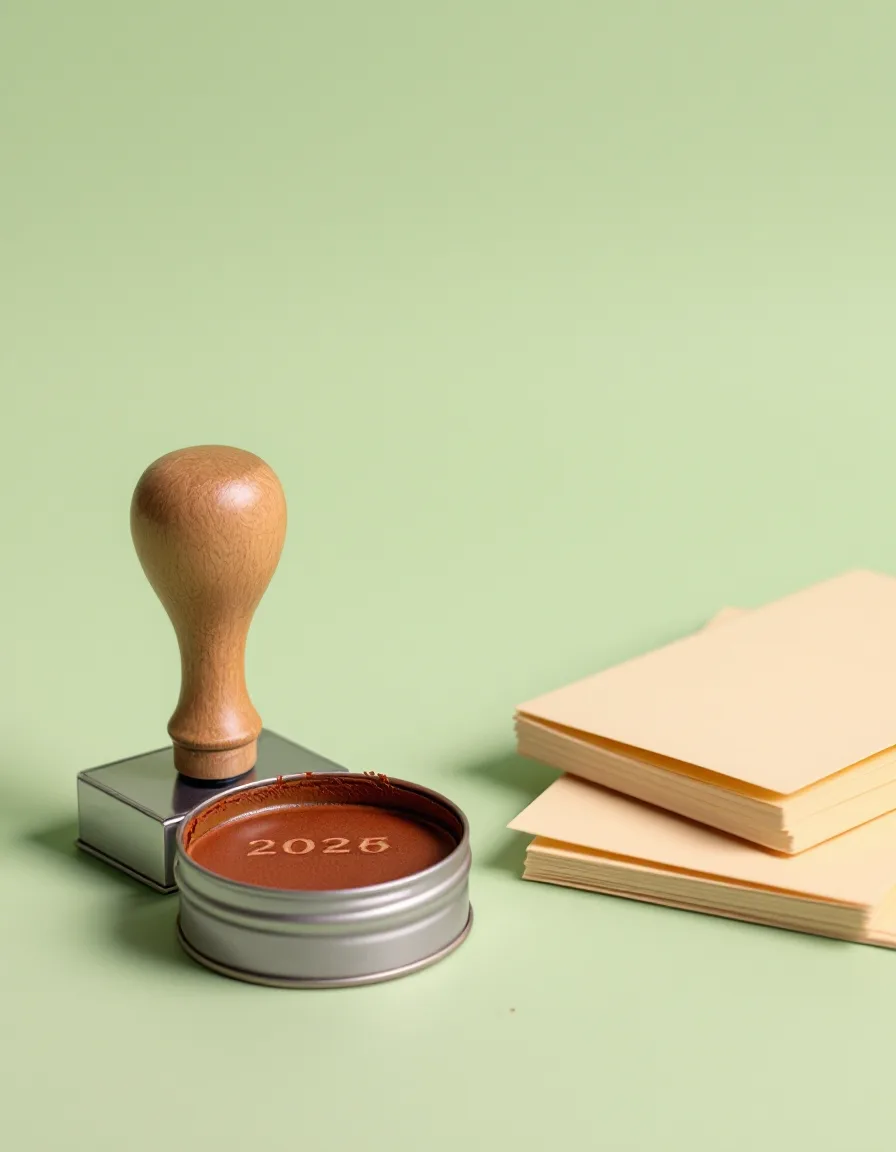 A wooden rubber date stamp beside a rust ink pad and a stack of envelopes on a pale green backdrop